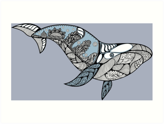 549x413 big blue whale with wavy ornaments and hand drawn shapes art - Blue Whale Line Drawing