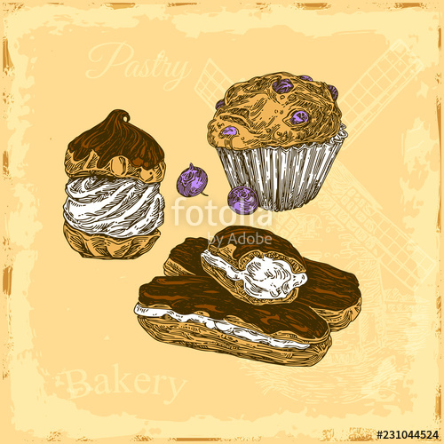 500x500 vintage color card desserts blueberry muffin, profiterole - Blueberry Muffin Drawing