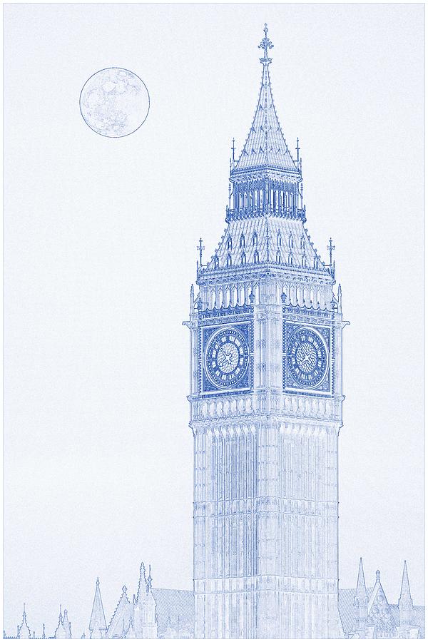 600x900 Blueprint Drawing Of Big Ben Tower Painting - Blueprint Drawing