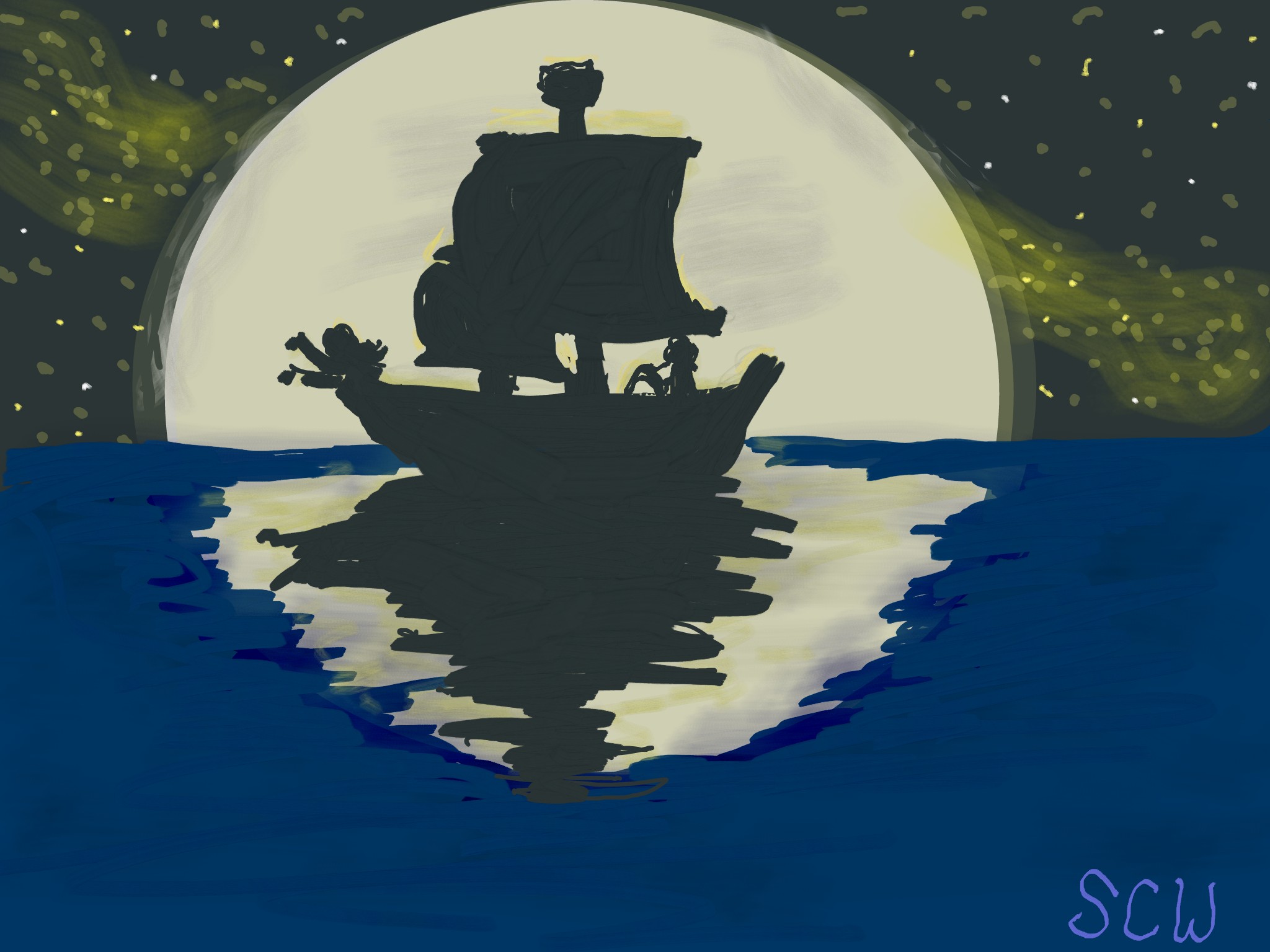Нарисованные лодки с луной