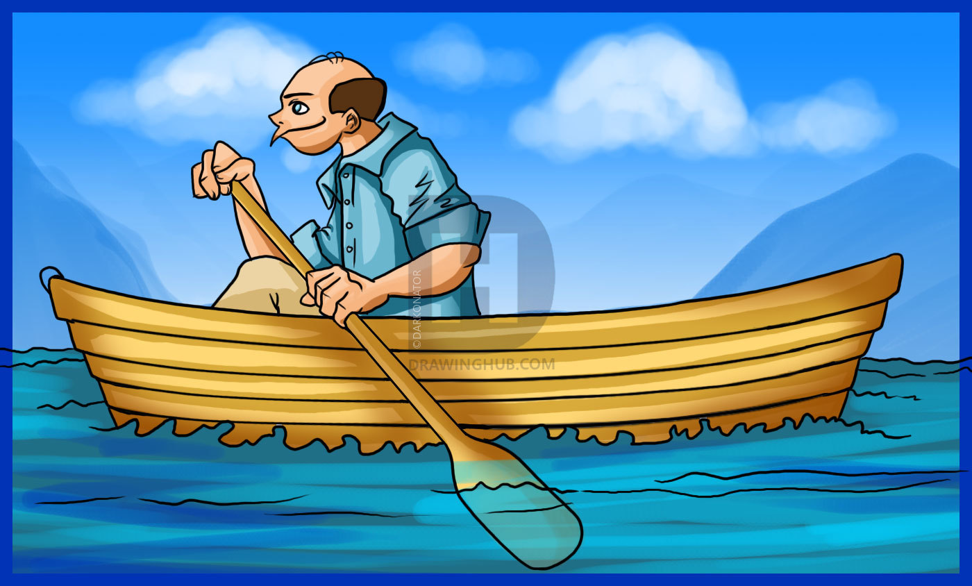 Человек плывет на лодке с веслами