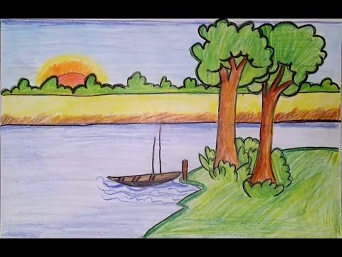 480x360 How To Draw A Scenery Of River With Boat A Very Easy Drawing - Boat Drawing For Kids