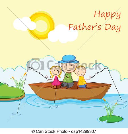 450x470 Kids With Father In Boat Doing Fishing Illustration Of Kids - Boat Drawing For Kids