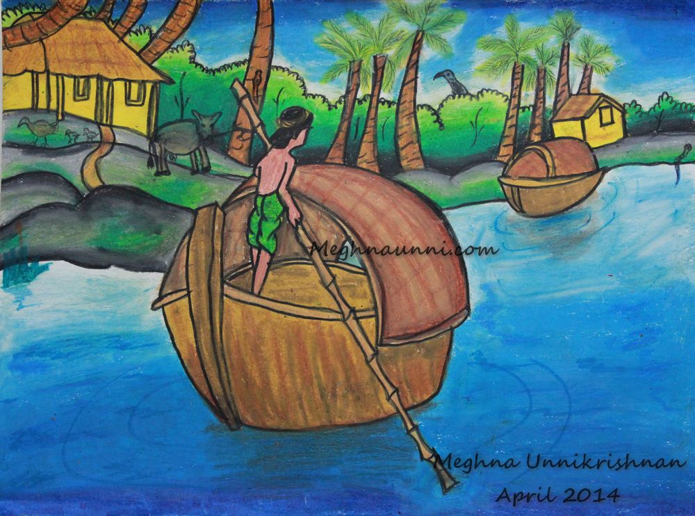1000x742 Man Rowing A Boat' Painting - Boat Drawing With Colour