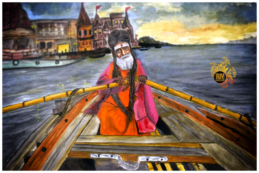 900x603 water colour sadhu on boat in varanasi lake painting - Boat Drawing With Colour