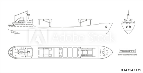 500x256 outline drawing of cargo ship on a white background top, side - Boat Outline Drawing