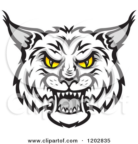 450x470 Clipart Of A Hissing Grayscale Bobcat Face With Yellow Eyes - Bobcat Face Drawing