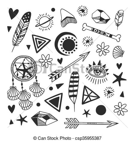 450x470 hand drawn set of boho objects black and white doodle - Boho Drawings