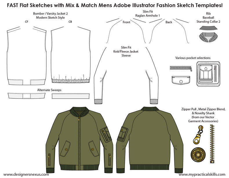 790x615 Mens Flat Fashion Sketch Templates - Bomber Jacket Drawing