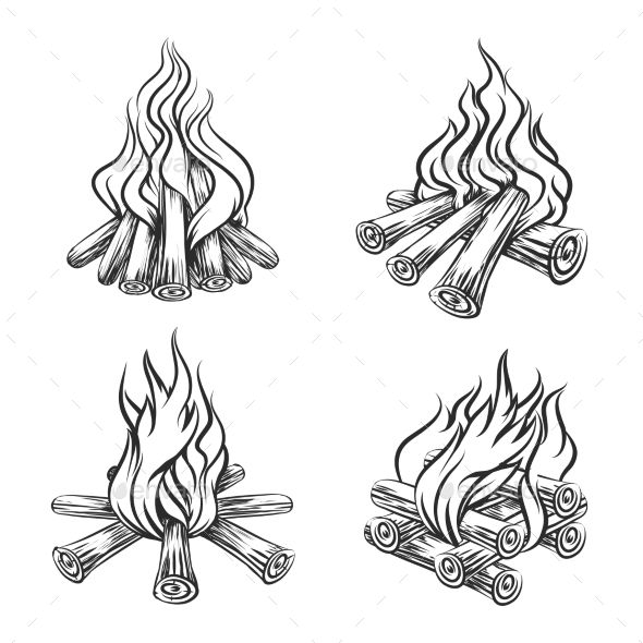590x590 hand drawn bonfire set flames in fireplace drawing, fire - Bonfire Drawing