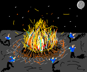 300x250 people in blue shirts dance around a bonfire drawing - Bonfire Drawing