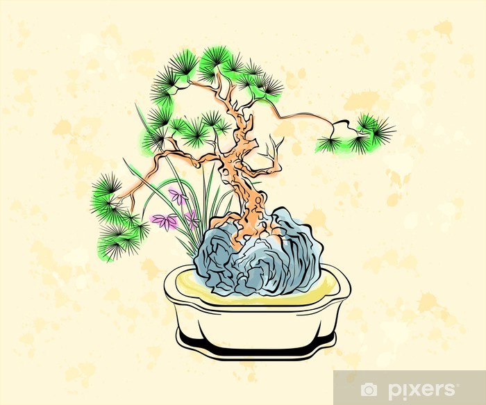 700x583 Colorful Ink Styled Drawing Of Bonsai Tree With Iris Flowers - Bonsai Drawing
