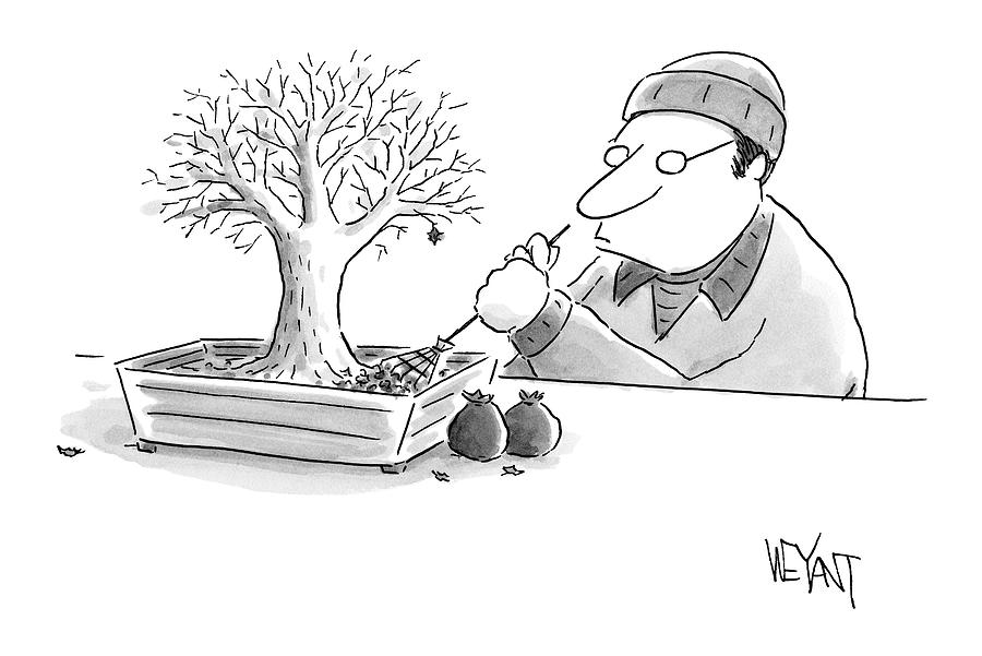 900x601 A Man Rakes Leaves In A Tiny Bonsai Tree Drawing - Bonsai Tree Drawing