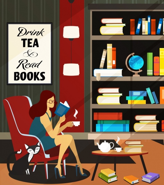 532x600 library drawing reading woman cat bookshelf icons free vector - Bookshelf Drawing