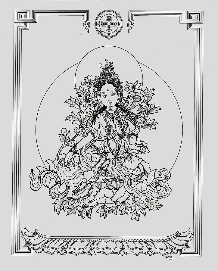 724x900 Green Tara With Border Drawing - Border Drawing