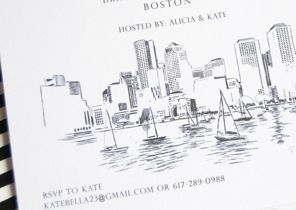 1015x720 boston skyline hand drawn bachelorette party invitations - Boston Skyline Drawing