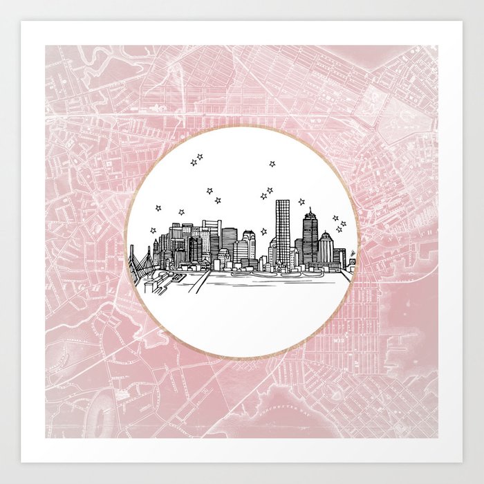 700x700 boston, massachusetts city skyline illustration drawing art print - Boston Skyline Drawing