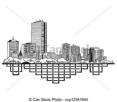 450x393 boston, ma skyline black and white vector illustration - Boston Skyline Drawing