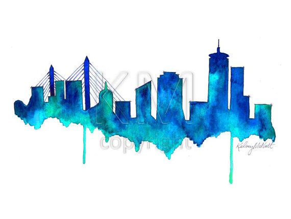 570x428 Watercolor Painting Boston Skyline Print Wall Art Abstract - Boston Skyline Line Drawing