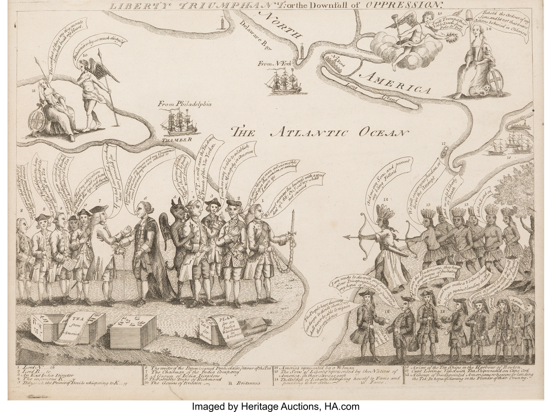 1138x850 rare boston tea party cartoon from colonial america goes under - Boston Tea Party Drawing