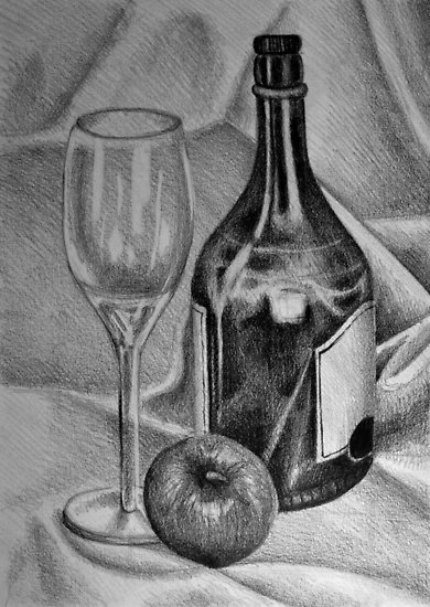 390x550 Drawing Illustration Of Still Life With Wine Glass And Bottle - Bottle Drawing