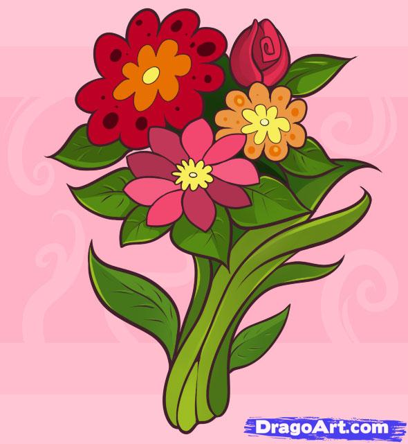 590x641 How To Draw A Bouquet, Step - Bouquet Flowers Drawing