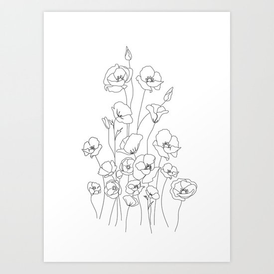 550x550 Poppy Flowers Line Art Art Print - Bouquet Of Flowers Line Drawing