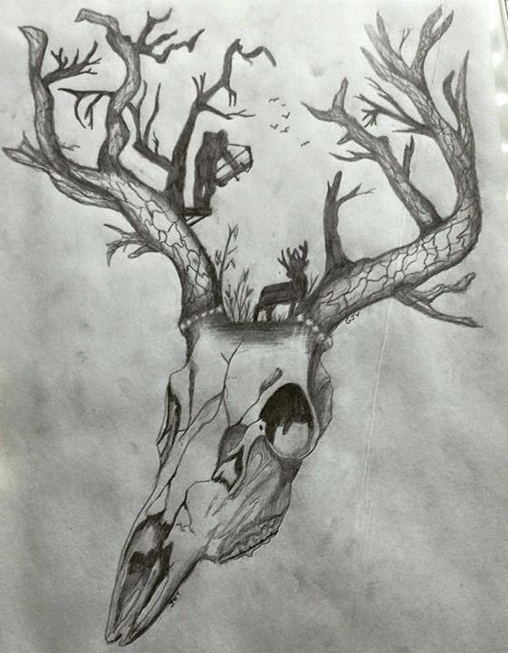560x720 awesome tattoo deer skulltree antlersow hunting scene - Bow Hunting Drawings