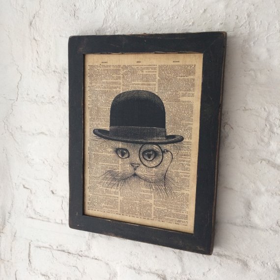 570x570 cat in bowler hat drawing photo transfer on reclaimed wood etsy - Bowler Hat Drawing