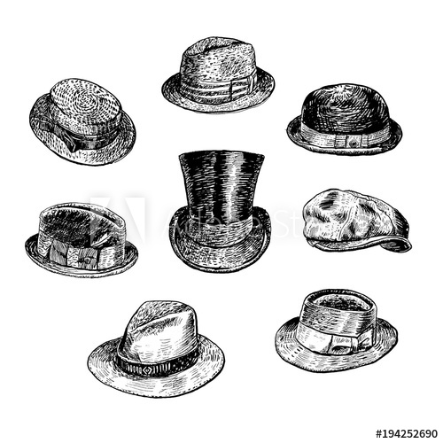 500x500 hats collection, with fedora, homburg hat, bowler hat, cowboy hat - Bowler Hat Drawing