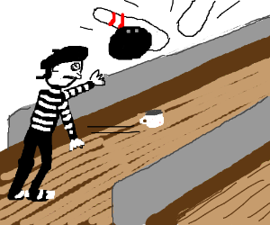 300x250 mime with beret throws mug down bowling lane drawing - Bowling Lane Drawing