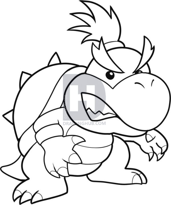 600x720 how to draw bowser jr, super mario, step - Bowser Drawing