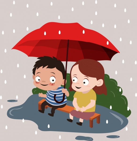 584x600 Childhood Drawing Little Boy Girl Rain Umbrella Icons Free Vector - Boy And Girl Cartoon Drawing