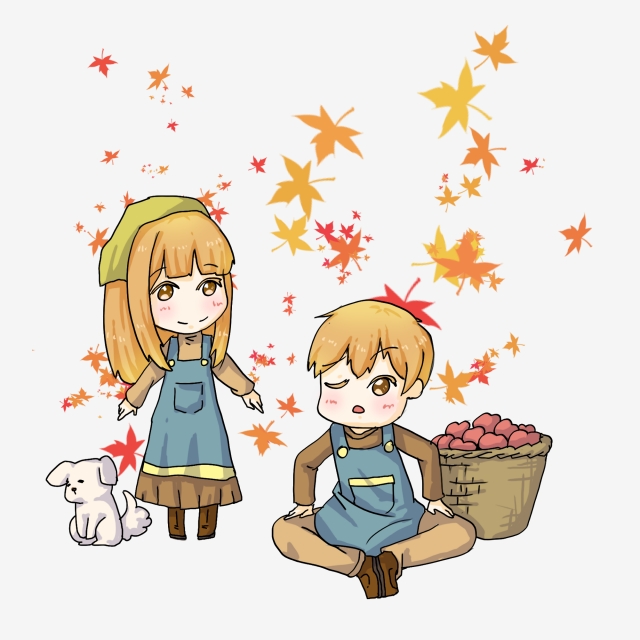 640x640 Autumn Fruit Picking Cartoon Characters Boy Girl Yellow Hair - Boy And Girl Cartoon Drawing