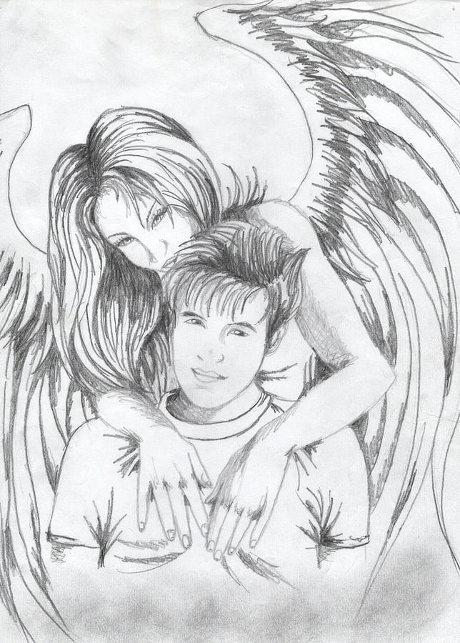 644x900 Angel And Boy Drawing - Boy Angel Drawing