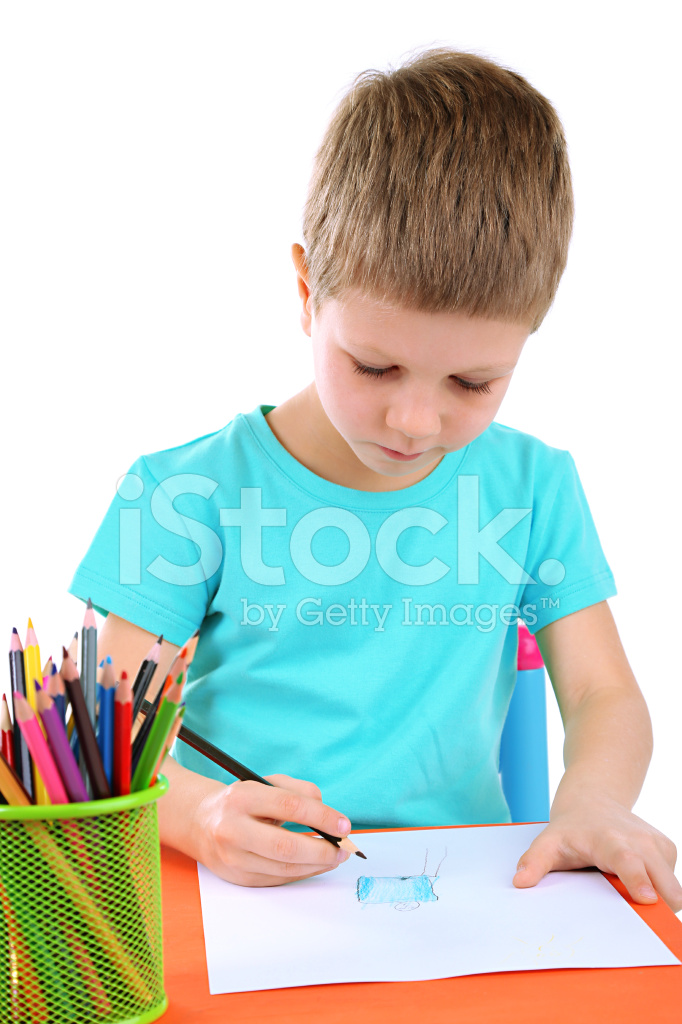 682x1024 Little Boy Drawing Isolated On White Stock Photos - Boy Drawing Picture
