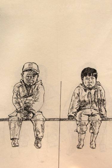 375x563 children boy and girl, realism pen ink drawing on paper - Boy Girl Drawing