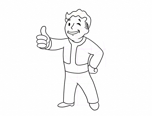 600x458 how to draw vault boy from the fallout series step - Boy Line Drawing