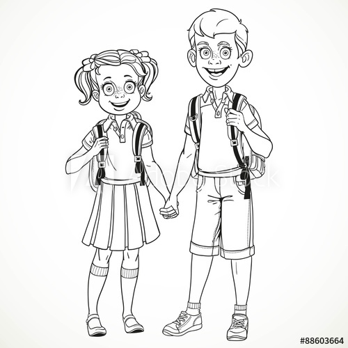 500x500 Boy And Girl With A School Bag Holding Hands Line Drawing Isolat - Boy Line Drawing