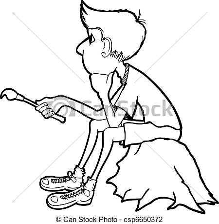 450x459 Thinking Boy Line Drawing Of A Boy Sitting On A Rock, Holding - Boy Sitting Drawing