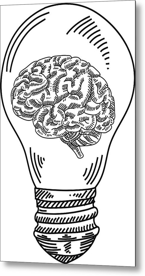 493x939 Light Bulb With Human Brain Drawing Metal Print - Brain Drawing Images