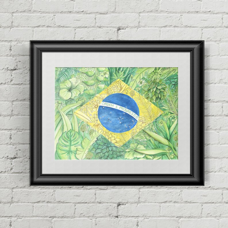 794x794 Brazilian Flag Flowers And Plants Watercolor Colored Etsy - Brazil Flag Drawing