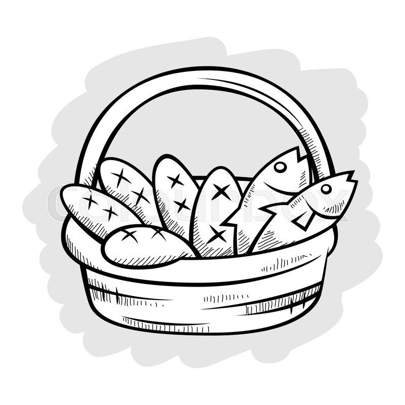 800x800 five bread and two fish in a basket, stock vector colourbox - Bread Basket Drawing