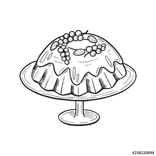 500x500 Christmas Cake With Berries And Almonds, Line Drawing, Traditional - Bread Line Drawing