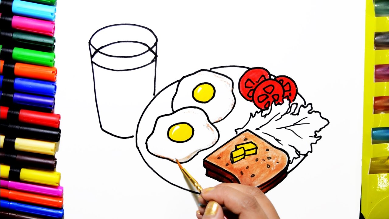 1280x720 draw color paint breakfast, bread omelette, milk coloring pages - Breakfast Drawing