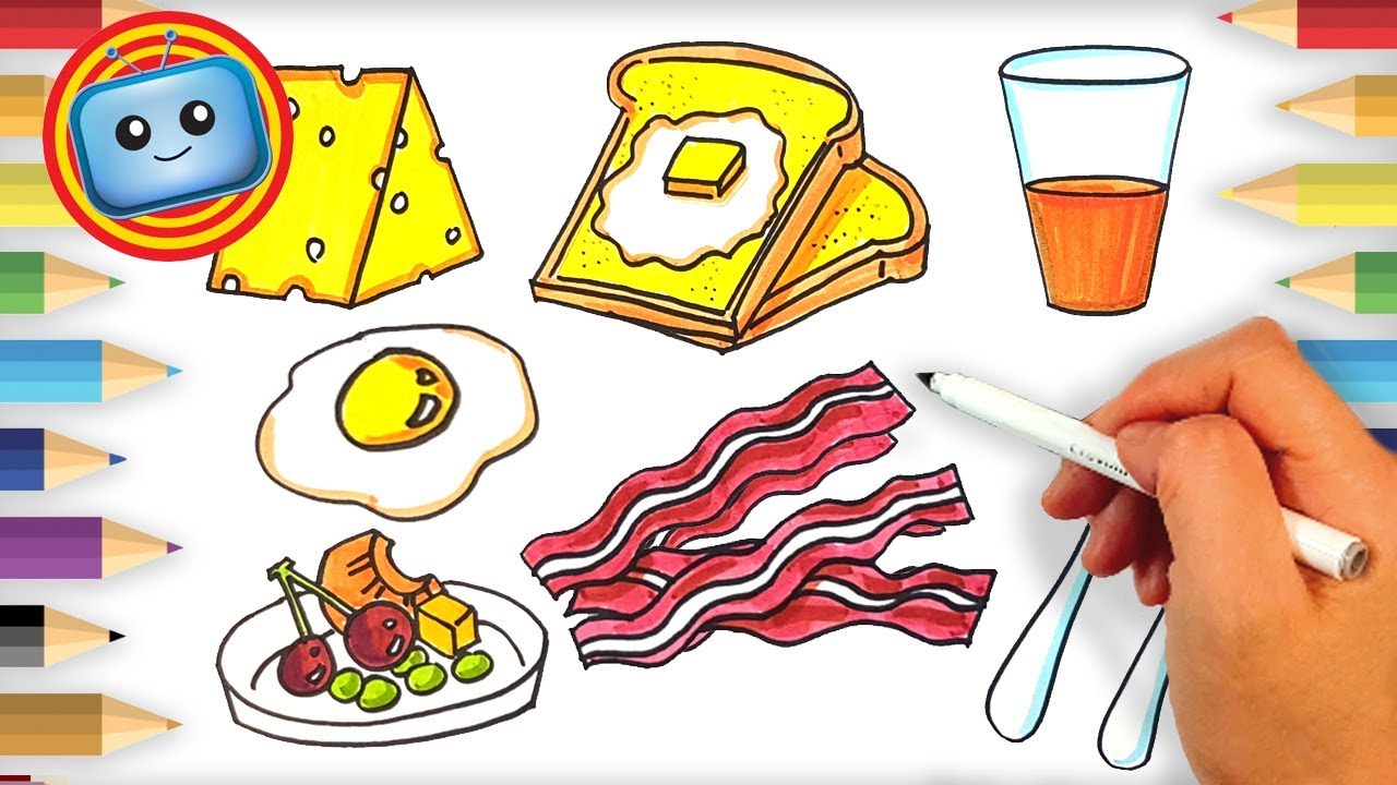 1280x720 how to draw a breakfast menu bread, egg, bacon, cheese learn - Breakfast Drawing