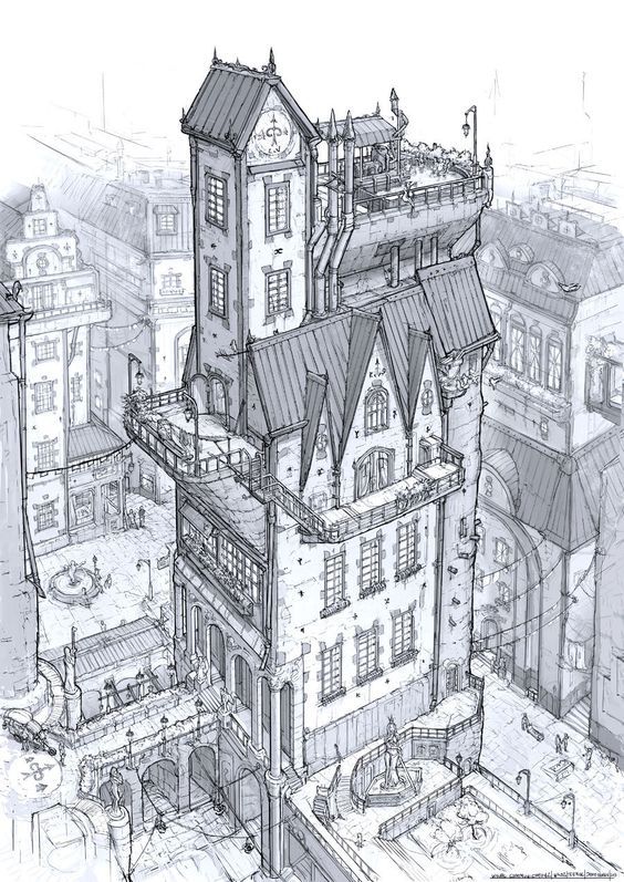 564x797 Old Building Sketch, Line Drawing, Black And White, Stone - Brick Building Drawing