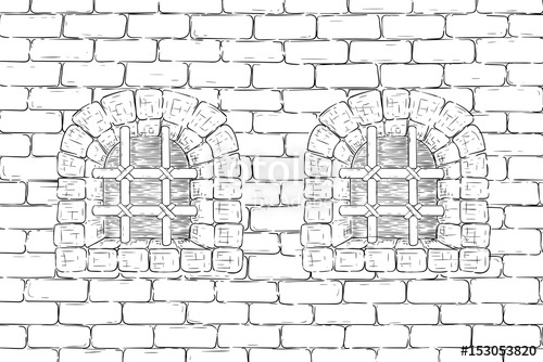500x334 old brick wall with barred windows hand drawing, vintage sketch - Brick Wall Drawing