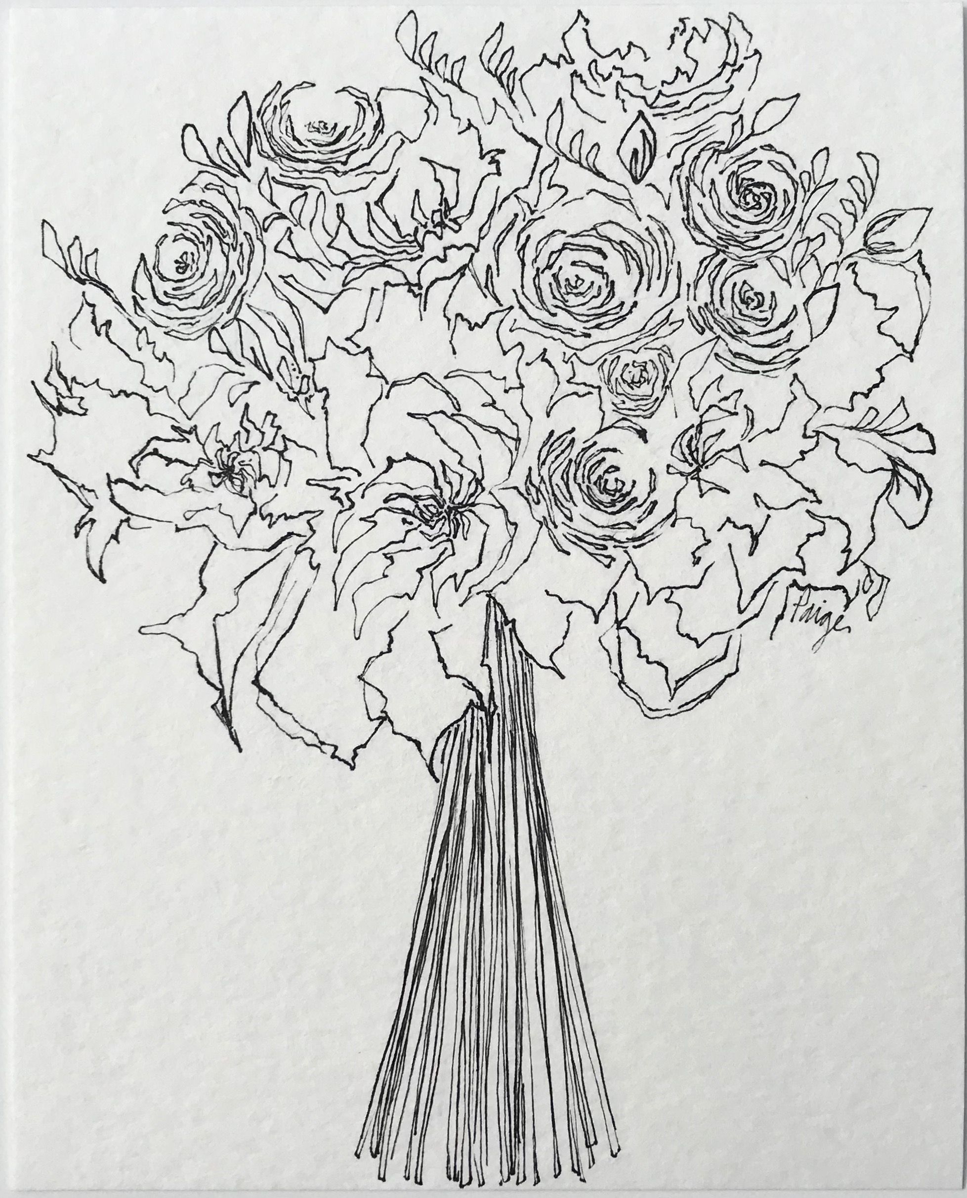 1957x2423 custom pen ink drawing of a bridal bouquet x on mixed - Bridal Bouquet Drawing