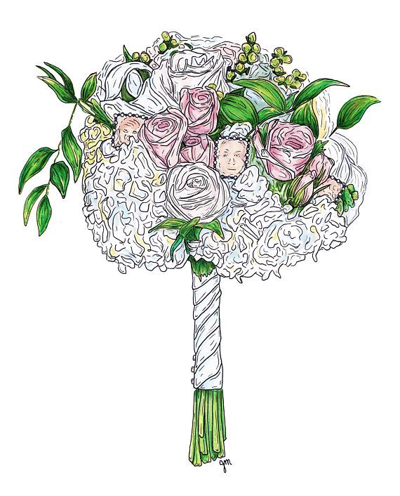 570x706 custom wedding bouquet flowers drawing illustration print custom - Bridal Bouquet Drawing
